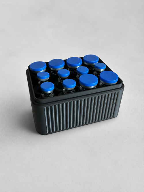 Angled view of the open 12-vial storage case with vials