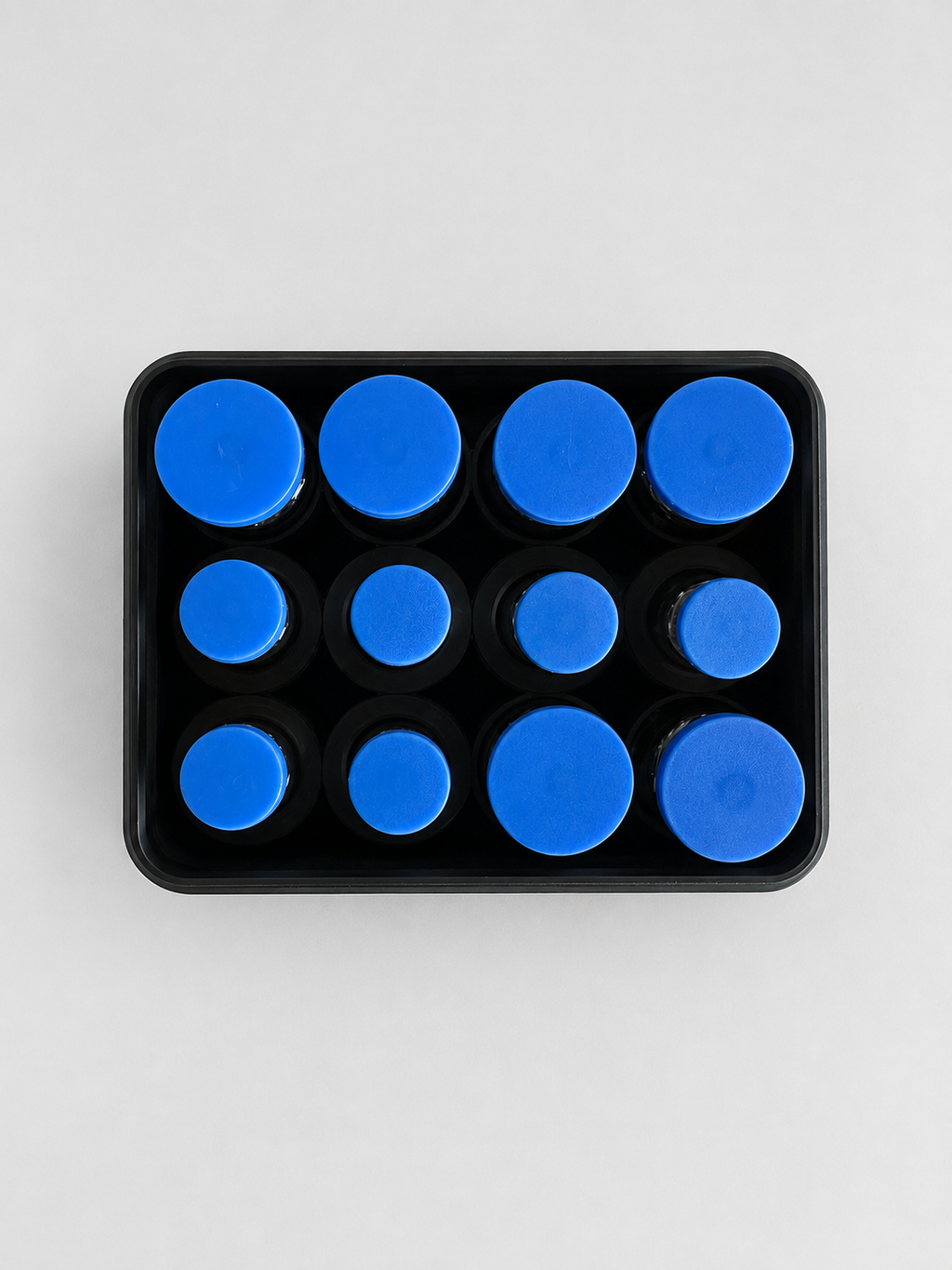 Top view of twelve vial positions in the storage case