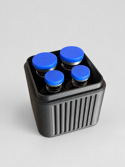 Open 4-vial storage case with four vials