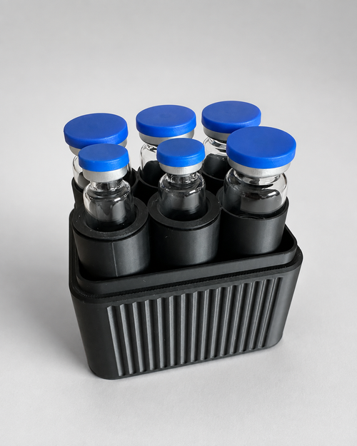 6-vial storage case open with six vials