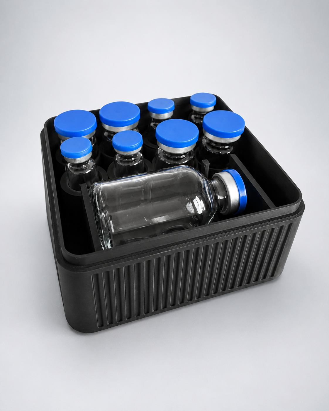 Open 8-vial storage case with large bottle compartment