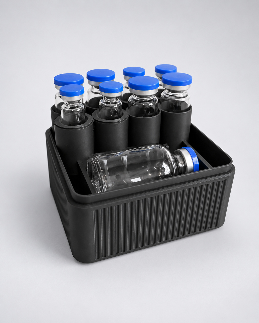 Open 8-vial plus large-bottle Lone Mountain 3D storage case showing base and tray