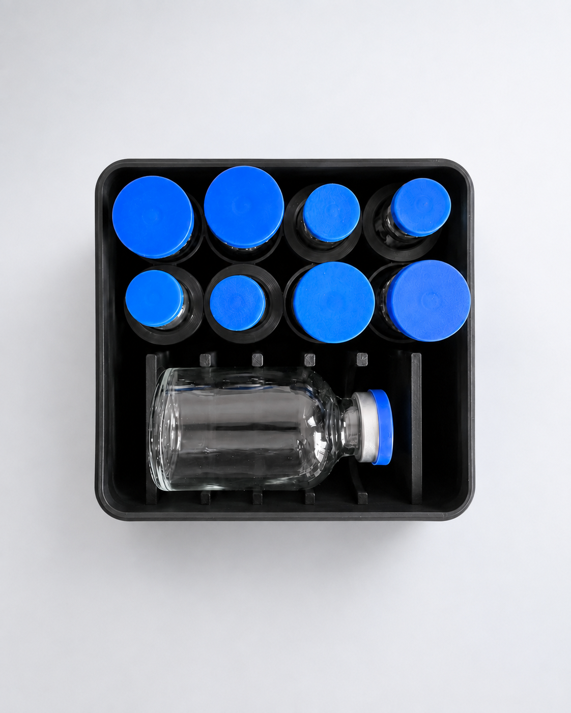 Top view of 8-vial plus large bottle storage case